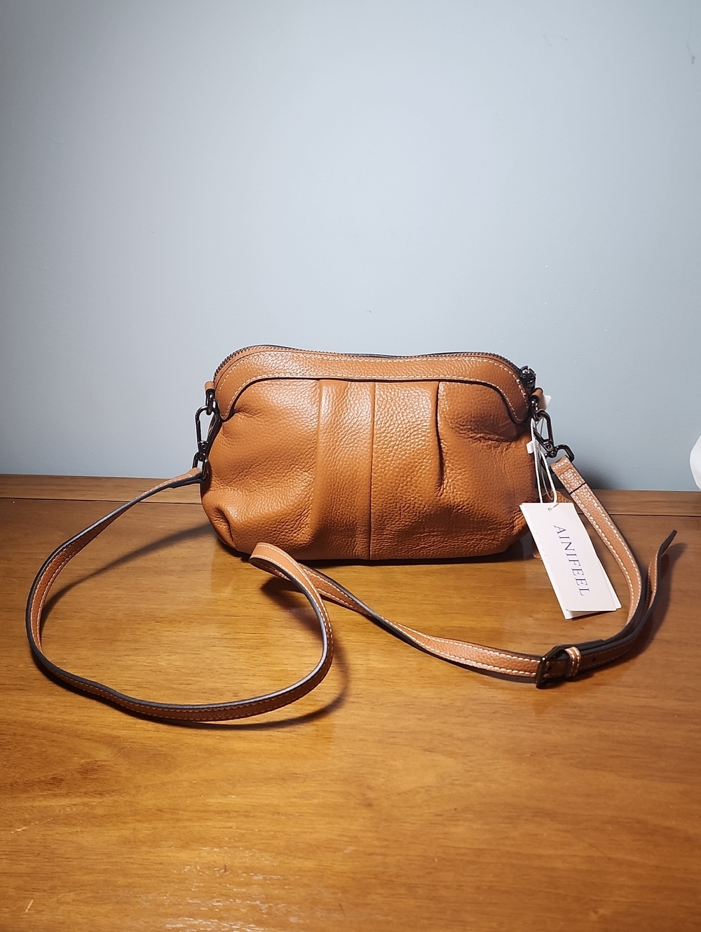 Ainfeel Tan Pebbled Leather Crossbody Bag